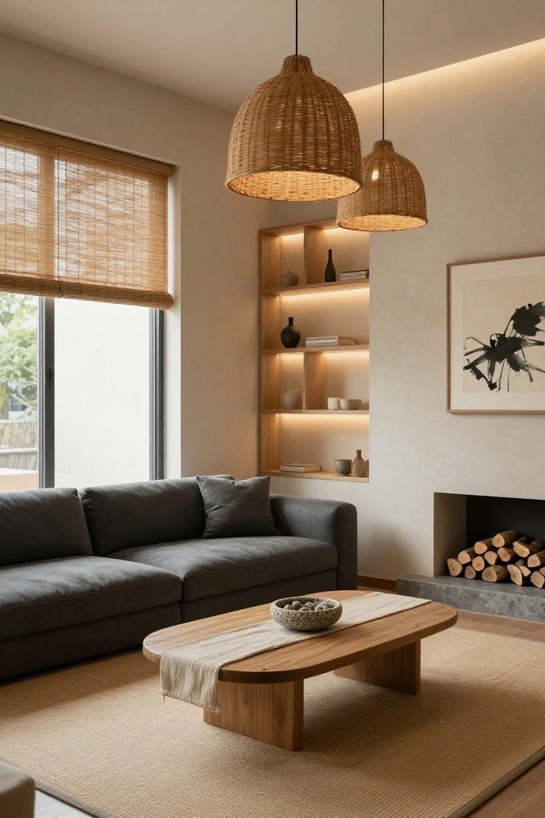 A Japandi living room with two large woven pendant lights hanging above a gray L-shaped sofa and oval wooden coffee table, featuring built-in oak shelves with ceramics, bamboo blinds on windows, and a stone fireplace with firewood.
