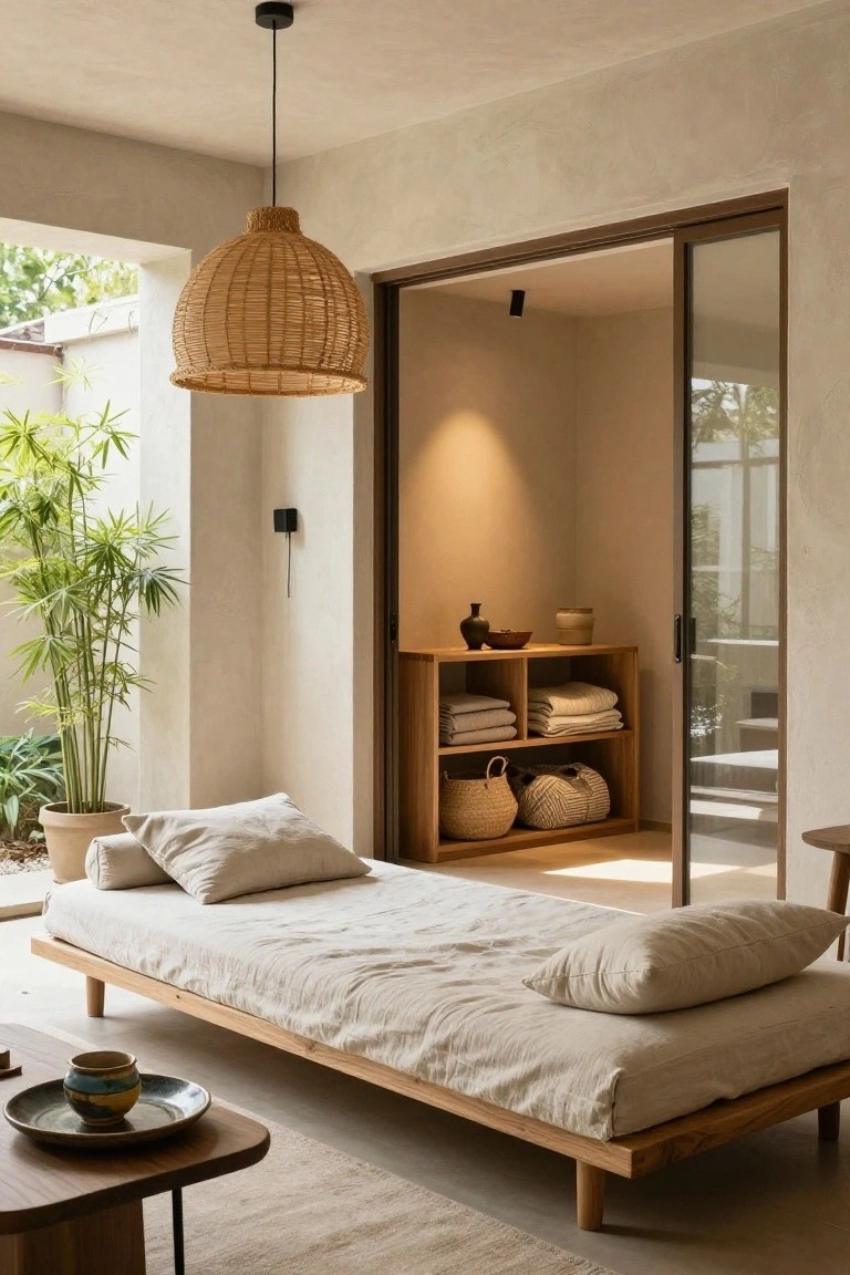 Minimalist bedroom with wooden bed, woven pendant light, and open shelving.