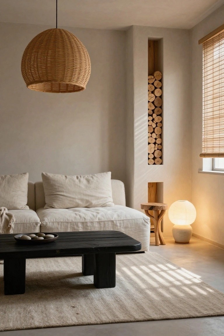 A minimalist living room with a light beige linen sofa, black wooden coffee table holding a dish of stones, large woven rattan pendant lamp overhead, stacked firewood in a wall niche, small wooden stool with white paper lantern lamp, bamboo blinds on windows, and neutral tones throughout.