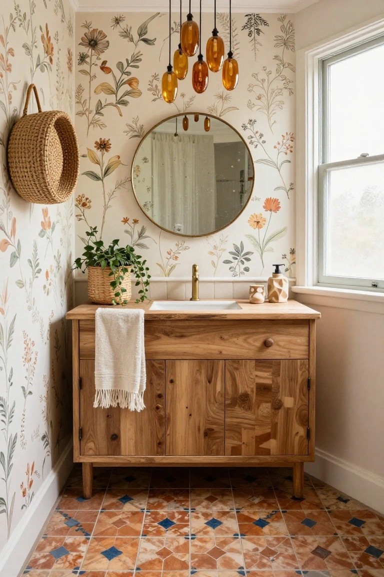 Powder room with floral wallpaper on walls, wooden vanity and sink, gold round mirror, woven baskets, potted ivy plant, soap dispenser, white towel, and cluster of amber glass pendant lights hanging from ceiling over blue-accented terracotta tile floor.