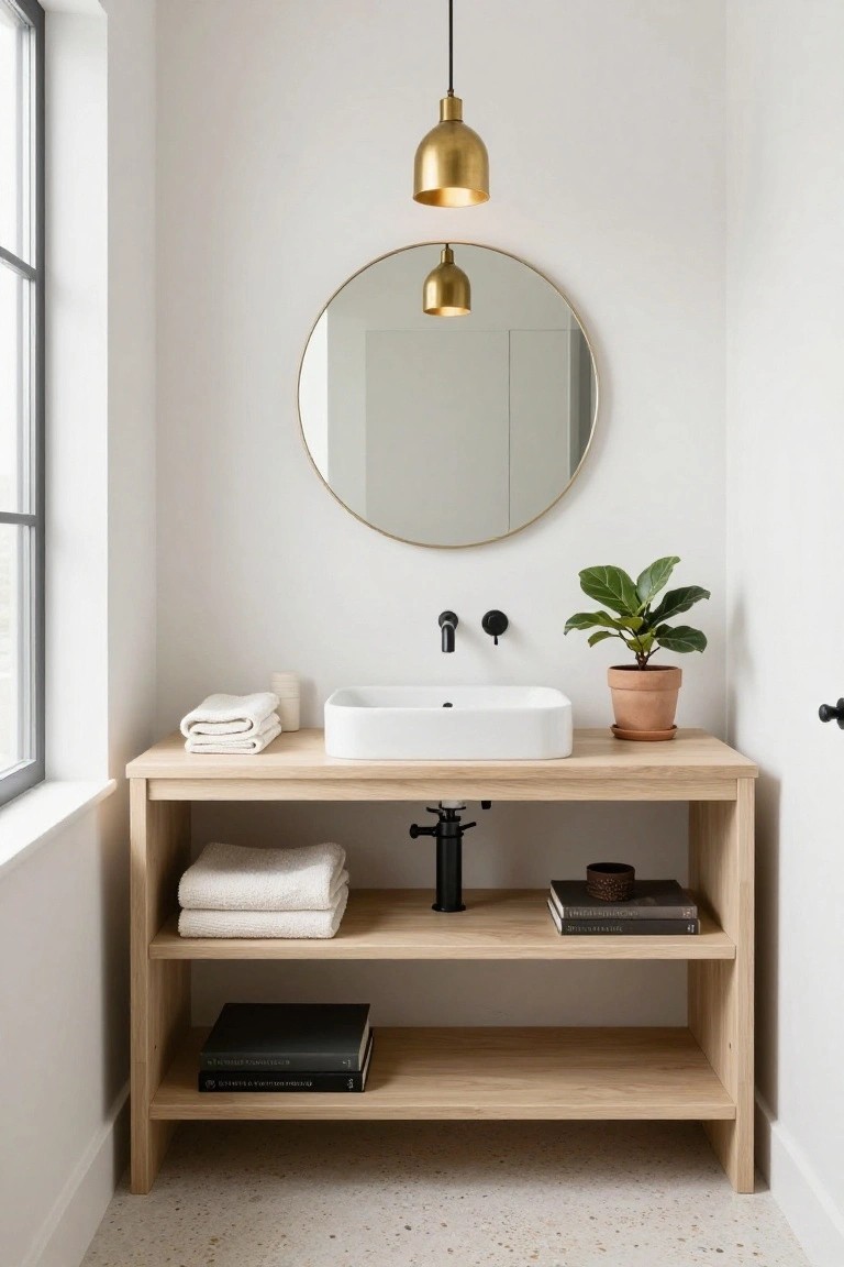 Small white powder room featuring oak vanity with white vessel sink, black faucet, folded white towels, round gold mirror, brass pendant light hanging from ceiling, potted plant, and window.