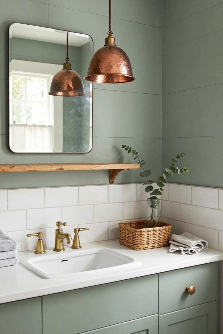 Powder room vanity in sage green with white sink, gold faucet, hammered copper pendant lights hanging above, rectangular mirror on wooden shelf with eucalyptus, white subway tile backsplash, woven basket holding plant jar and towels on white countertop.