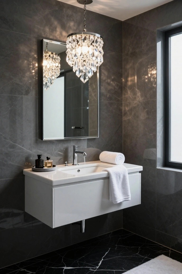 Powder room featuring dark gray marble walls and floor, white floating vanity with faucet and towels, rectangular mirror, and sparkling crystal pendant light hanging from the ceiling.