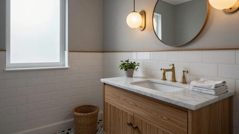 Powder room corner with floating oak wood vanity and white marble sink under two white globe pendant lights, gold bridge faucet, white subway tile walls, black-and-white checkered floor, round wood-framed mirror, plants, towels, and wicker basket.