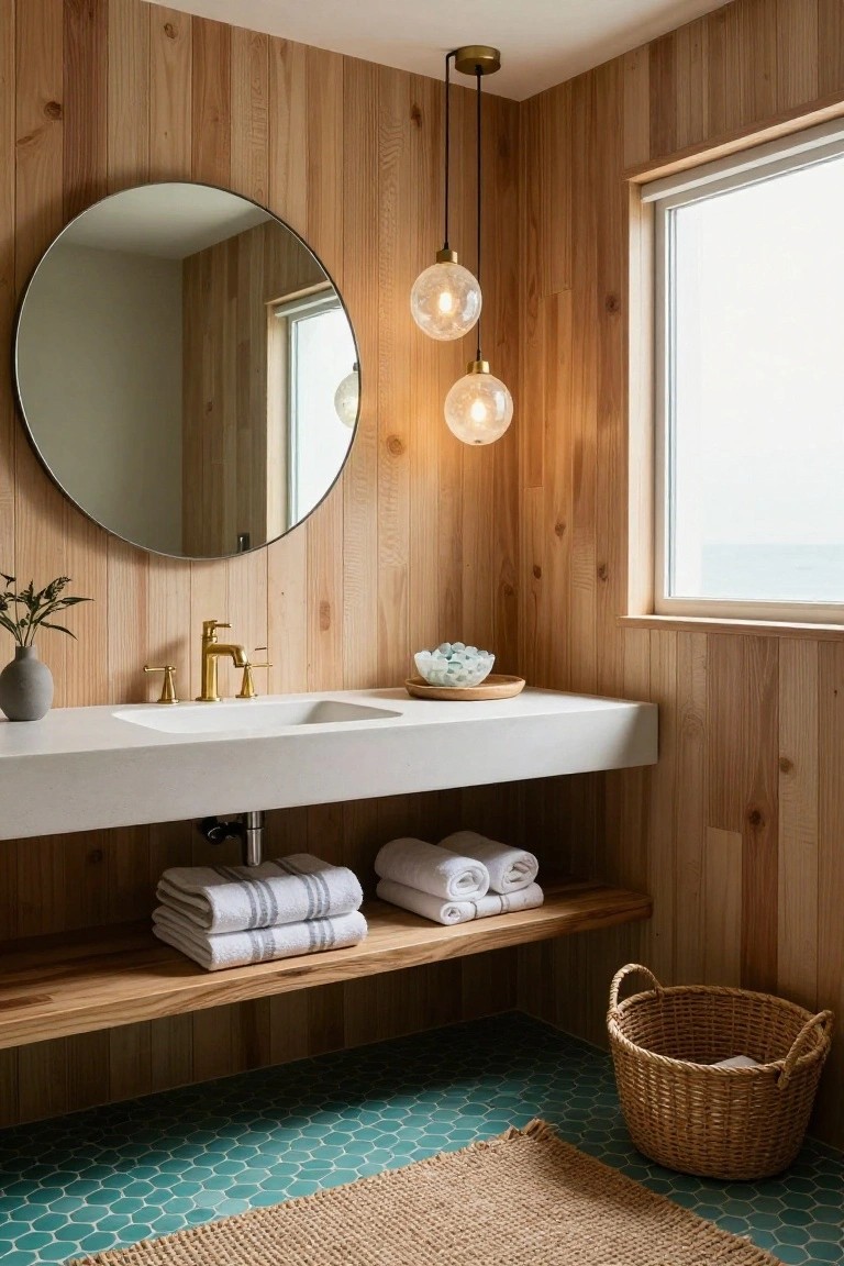 Wood-paneled powder room with floating white vanity, gold faucet, large round mirror, two hanging globe pendant lights with brass accents, folded towels on shelf, teal hexagonal floor tiles, seagrass basket, and window overlooking ocean.
