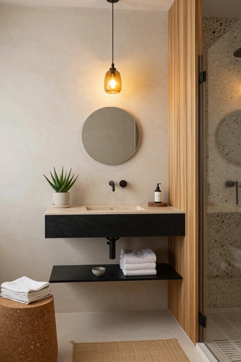 Minimalist powder room with a suspended amber globe pendant light over a floating black stone vanity, round gray mirror, potted aloe plant, soap dispenser, and wooden slat shower enclosure.