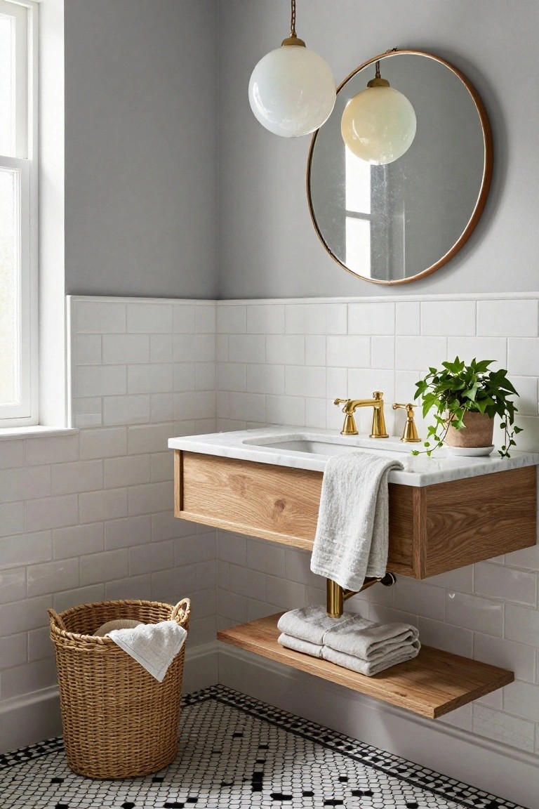 Powder room corner with floating oak wood vanity and white marble sink under two white globe pendant lights, gold bridge faucet, white subway tile walls, black-and-white checkered floor, round wood-framed mirror, plants, towels, and wicker basket.