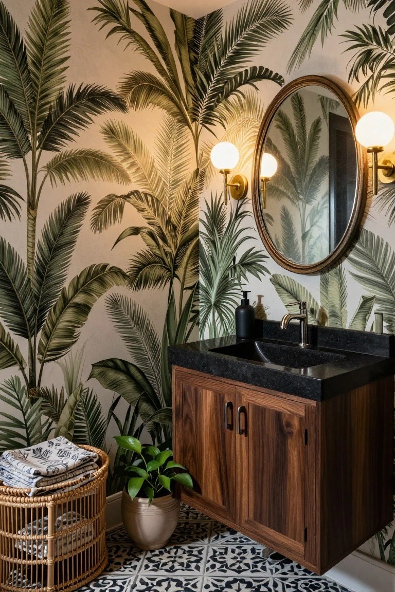 Powder room featuring green palm leaf wallpaper on walls, floating walnut vanity with black granite countertop and sink, oval brass mirror flanked by two brass wall sconces with white globe shades, rattan basket holding folded towels, potted plant, and black-and-white moroccan-style tile floor.