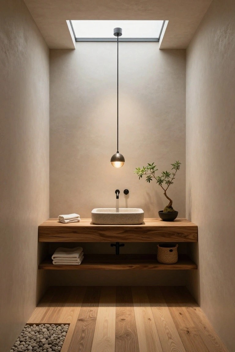 Minimalist powder room interior with beige textured walls, wooden floating vanity, square stone sink, black wall-mounted faucet, black pendant light with globe bulb hanging from ceiling, bonsai tree on vanity, skylight above, wooden floor, and pebble mat in corner.