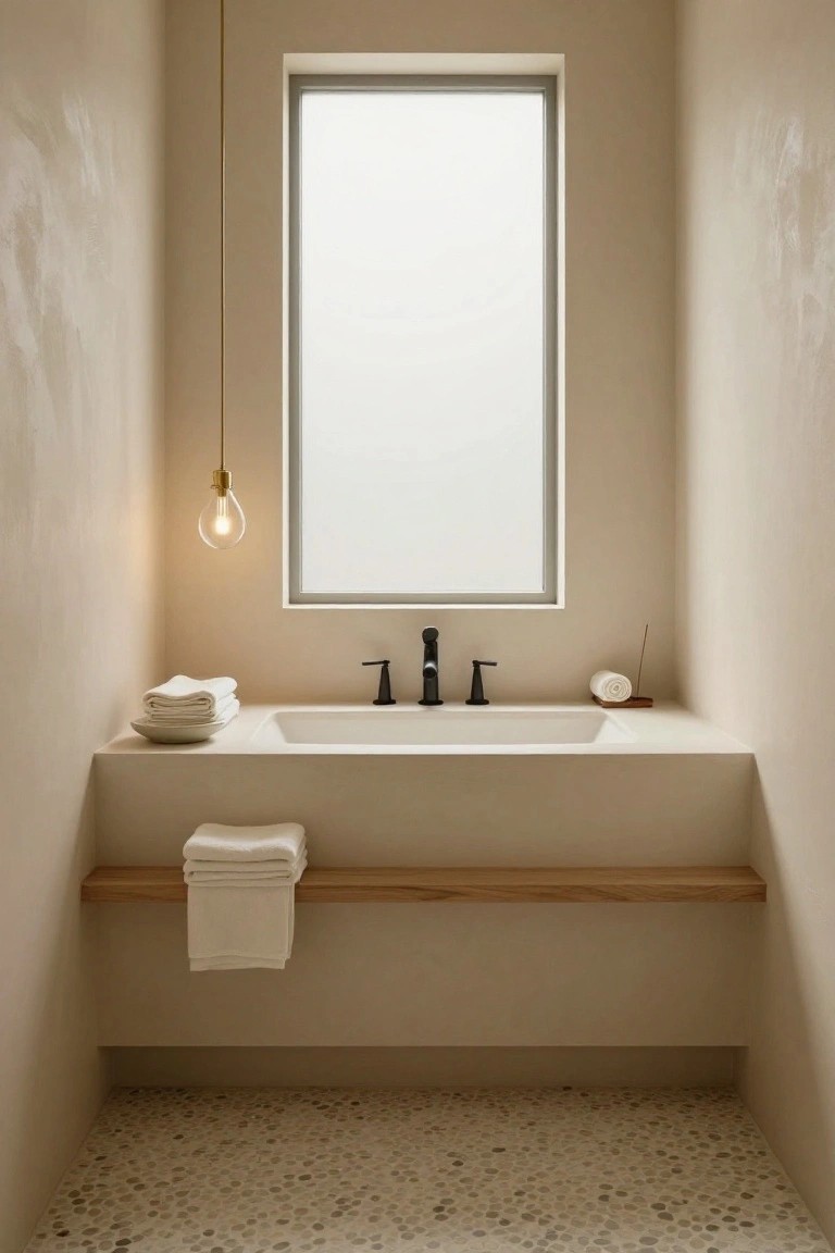 Minimalist powder room featuring beige textured walls, a large frosted window, white undermount sink with black faucet, stacked white towels, wooden shelf with folded towels, gold pendant light with exposed bulb, incense holder, and pebble stone floor.