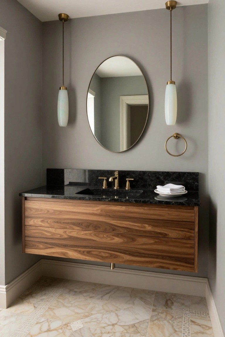 Gray powder room with floating walnut wood vanity, black granite countertop and sink, oval mirror centered above, gold towel ring and faucet, two white opal glass pendant lights hanging on either side, and light beige marble-look tile floor.