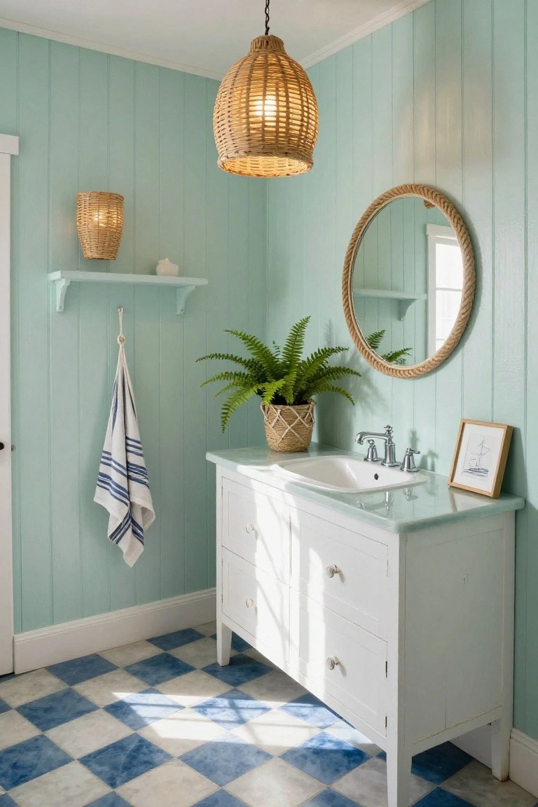Powder room corner with mint green shiplap walls, white vanity sink, round mirror framed in rope, woven rattan pendant light, hanging towel, potted fern, shelf, and blue-white checkered tile floor.