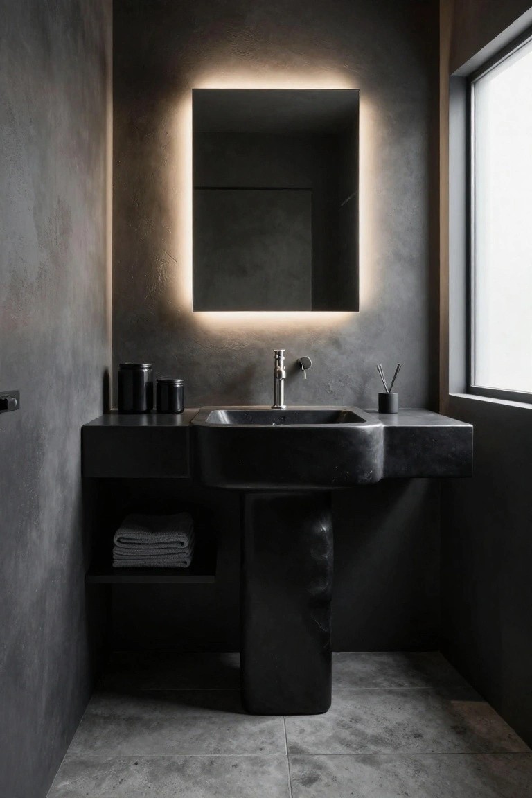 Modern powder room with dark textured walls, black sculptural vanity and sink, backlit rectangular mirror, wall-mounted faucet, small shelves with black containers and folded towels, concrete floor, and a window.