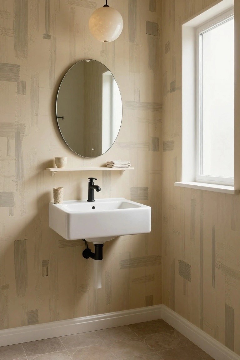 Small powder room featuring beige abstract-patterned wallpaper, oval wall mirror, wooden shelf with cups and towels, wall-mounted white sink with black faucet, opalescent globe pendant light, and frosted window.