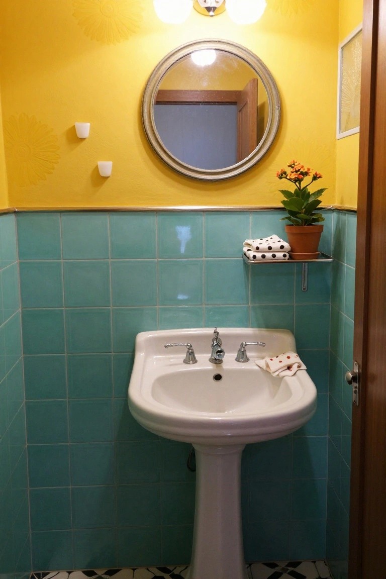 Small powder room with yellow upper walls, turquoise lower tile walls, black-and-white checkered floor, pedestal sink, round mirror, potted plant shelf with towels, and two white glass globe wall sconces above the mirror.