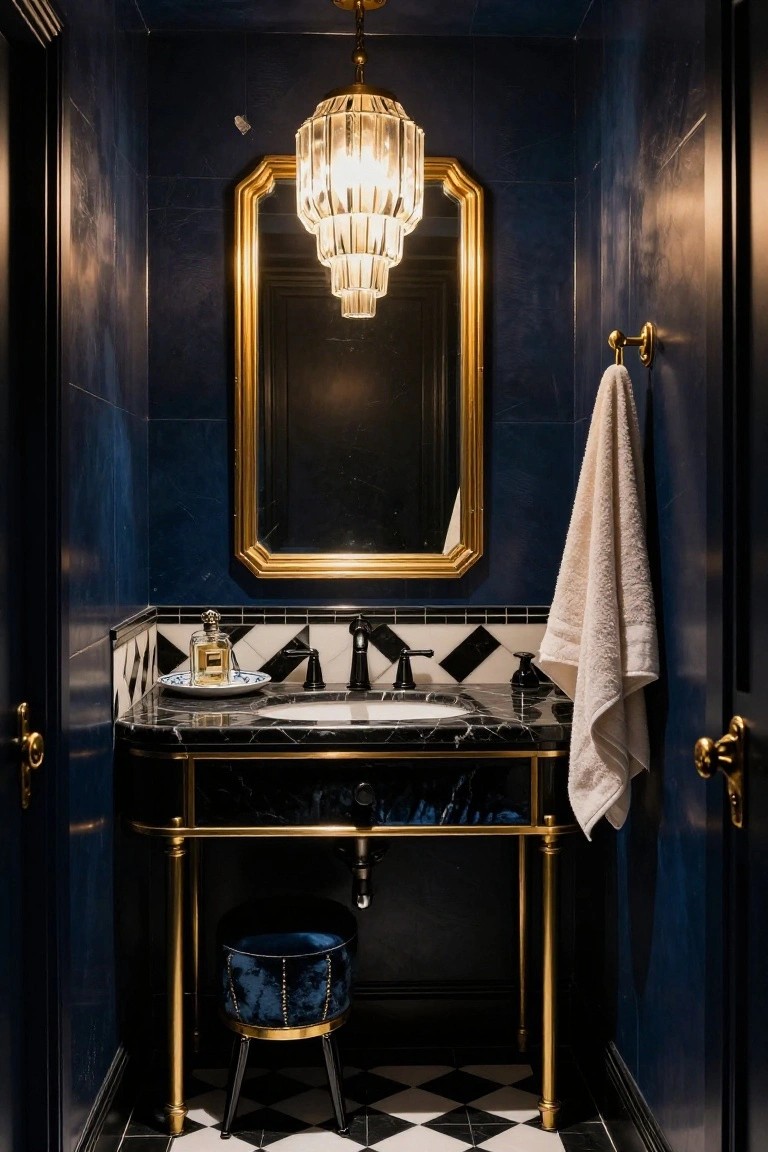 Small powder room with navy blue walls, gold oval mirror, black marble-top vanity on gold legs, tiered glass chandelier pendant light, white towel on gold hook, and black-and-white checkered floor tiles.