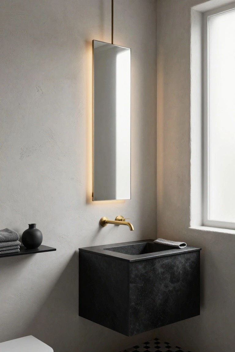 Modern powder room with tall vertical mirror featuring gold-edged backlighting from a ceiling-hung fixture, black floating sink basin with brass wall faucet, black shelf holding towels and vase, white toilet, checkered floor tile, and textured beige walls next to a window.