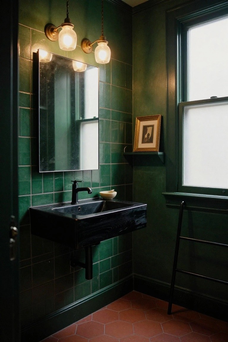 Small powder room with emerald green subway tiles on walls, black wall-mounted sink and faucet, brass globe sconces and pendants, framed artwork, ladder rack, and hexagonal red floor tiles next to a window.