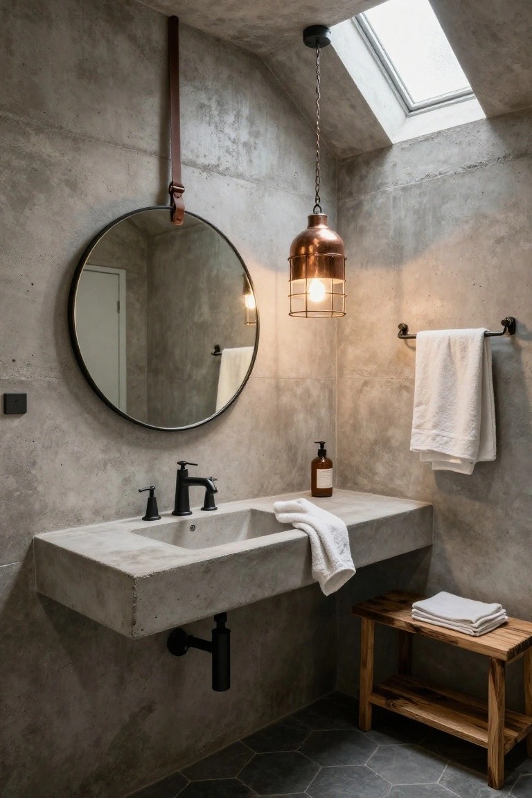 Powder room with exposed concrete walls and floating sink, large round black-framed mirror hung by leather strap, copper cage pendant light, black towel bar with white towels, wooden stool with folded towels, and dark hexagonal floor tiles.
