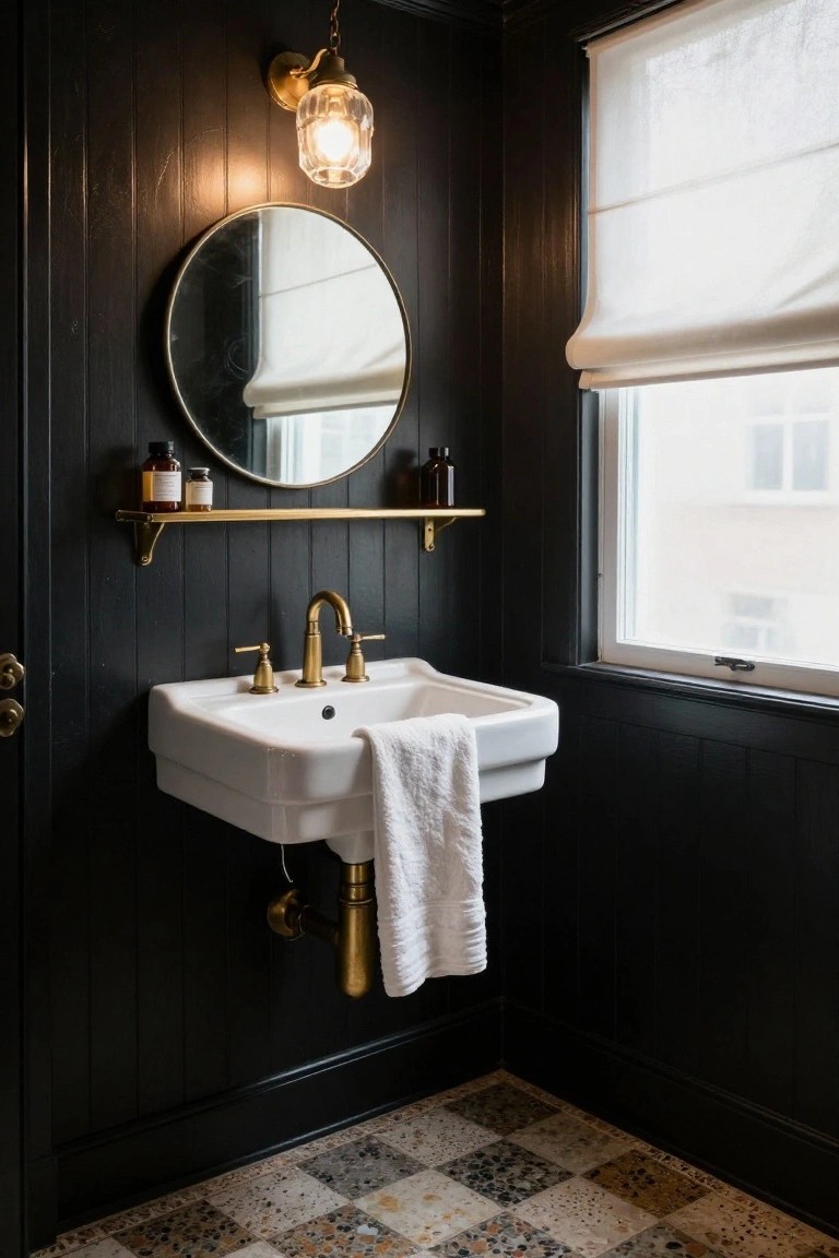 Black wood-paneled powder room with wall-mounted white sink, brass faucet and trap, gold shelf with glass bottles and round mirror, hanging glass globe wall light, white roller shade on window, brass door handle, and checkered terrazzo floor.