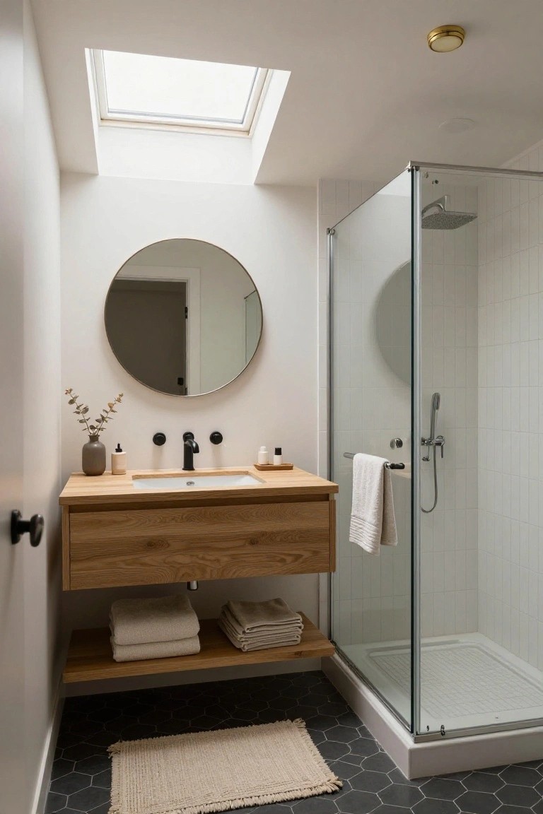 Modern bathroom featuring a wood vanity with black faucet, round mirror with dried eucalyptus, glass shower enclosure, black hexagonal floor tiles, white subway wall tiles, and a skylight in the ceiling.
