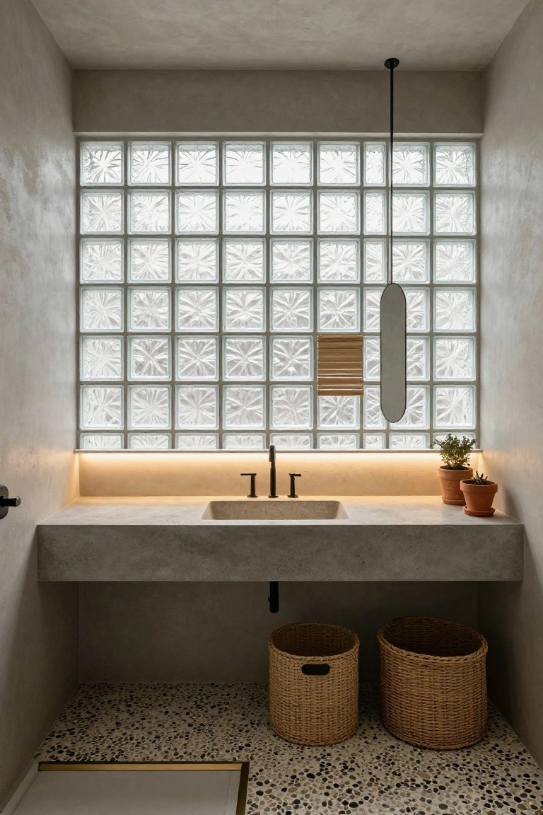 Modern concrete bathroom with floating sink, glass block window, and woven baskets.