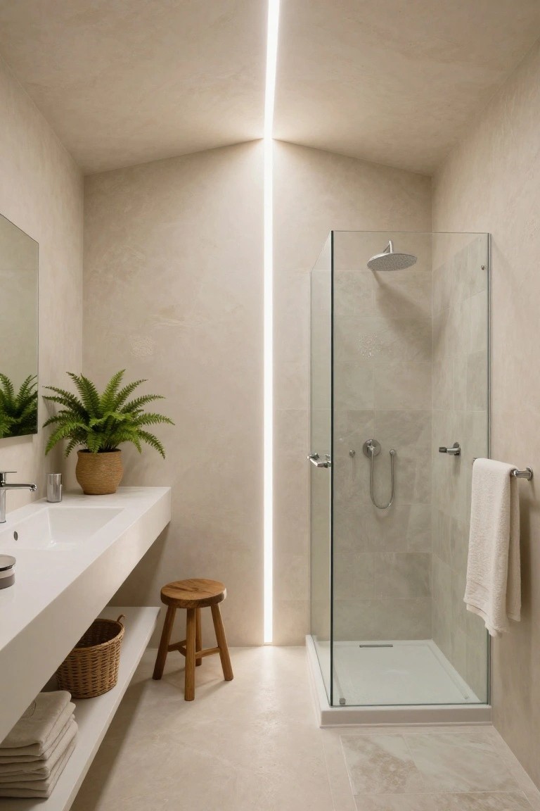 Compact modern bathroom with beige textured walls and floor, vertical recessed ceiling light strip, glass shower enclosure, white floating vanity, wooden stool, potted fern plant, and folded towels.