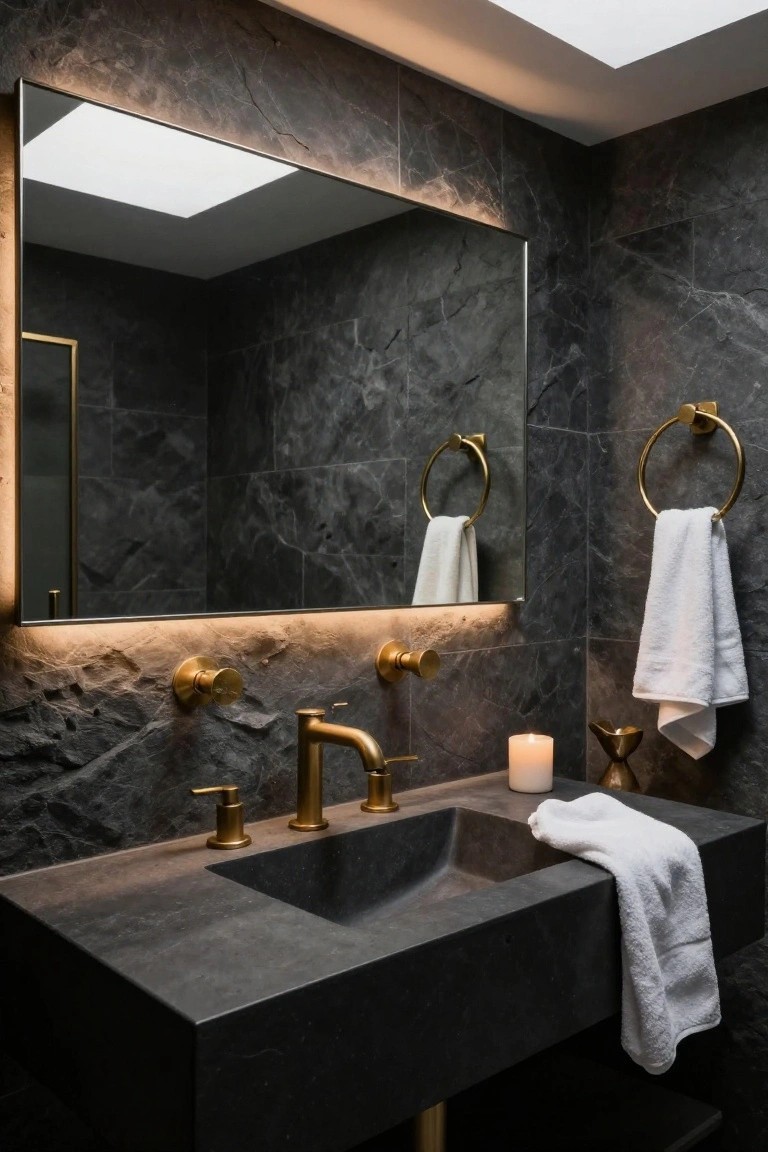 Modern bathroom vanity with matte black stone sink and countertop, gold bridge faucet and handles, large rectangular backlit mirror with gold frame, white towels on gold holders, and a lit candle, set against dark veined stone tiled walls.