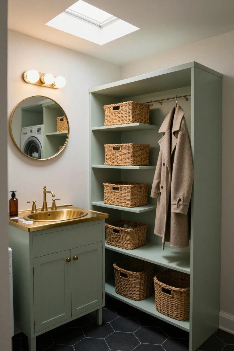 Sage green tall shelving unit with wicker baskets and coat rack next to a bathroom vanity featuring a gold brass faucet, gold sink, round gold mirror reflecting a washing machine, and brass wall sconces with white globe lights above black hexagonal floor tiles.