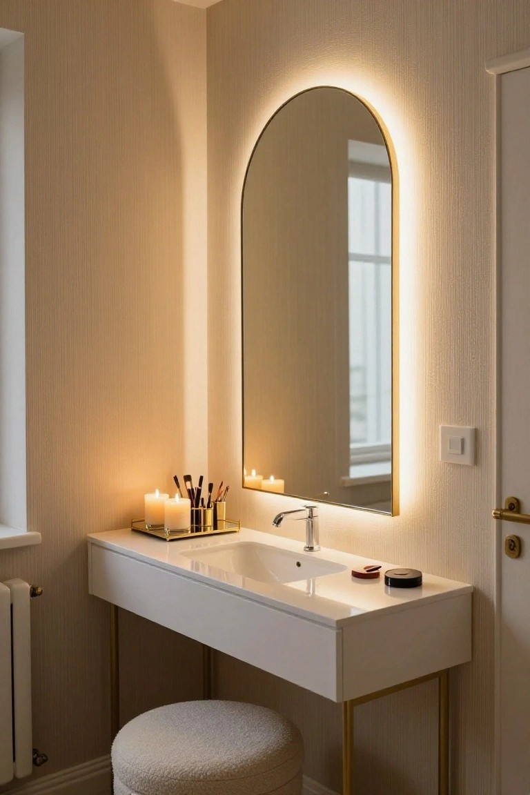 A tall arched mirror with gold frame and surrounding LED lighting mounted above a white floating vanity with gold legs and sink in a beige-walled bathroom, with candles, makeup brushes, and a white pouf stool nearby.