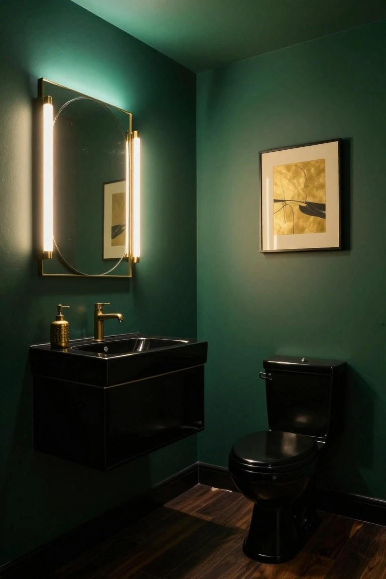 Small bathroom with deep green walls, gold-framed oval mirror lit by vertical LED bulbs, black floating vanity and sink with gold faucet and soap dispenser, black toilet, and dark wood flooring.