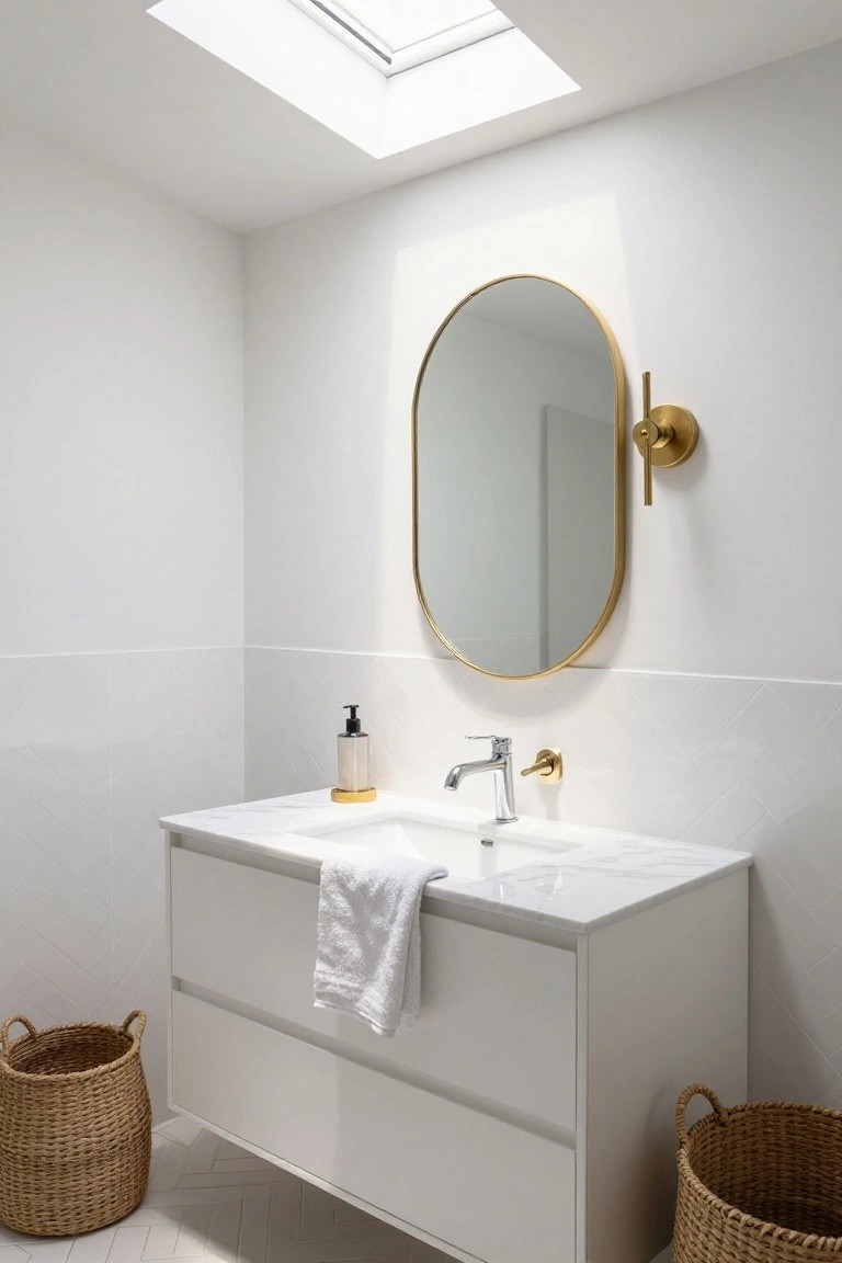 White bathroom vanity with marble countertop and integrated sink, gold oval mirror, gold wall sconce, gold faucet, soap dispenser, towel, wicker baskets on floor, herringbone tile floor, white subway tile walls, and skylight above.
