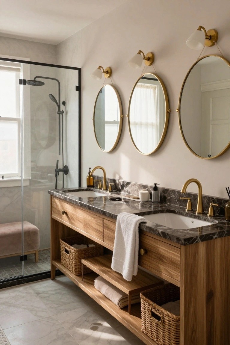 Modern bathroom with wooden double vanity topped in dark marble, three gold-framed round mirrors with brass sconces, glass shower enclosure, pink upholstered bench, and beige tile floor.