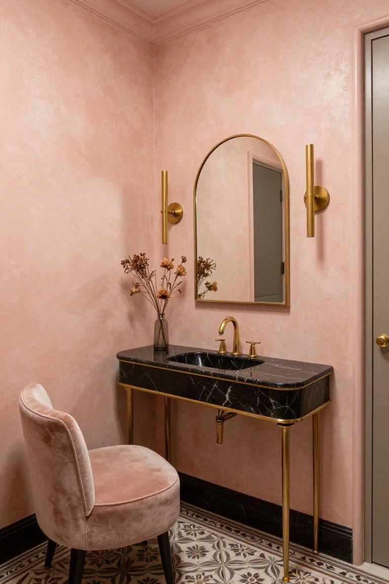 Pink-walled corner bathroom with black marble vanity on gold legs, arched gold mirror flanked by two gold sconces, pink velvet chair, dried flowers in glass vase, and black-and-white patterned tile floor.