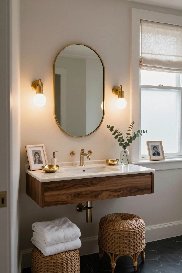 Bathroom vanity featuring a large oval gold-framed mirror flanked by two gold wall sconces with white globe bulbs, a floating walnut vanity with white marble top and brass faucet, eucalyptus in a glass vase, framed black-and-white photos, soap dispenser, gold bowls, stacked white towels on a wicker stool, and black hexagonal floor tiles.
