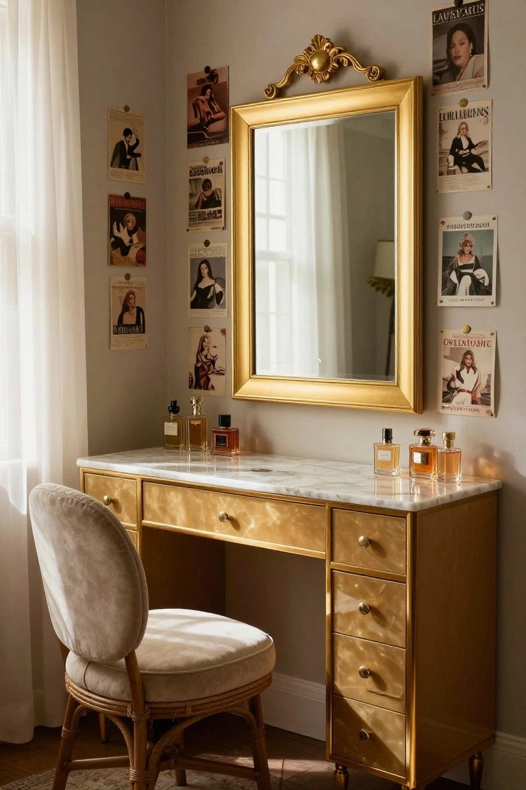 Corner vanity setup with gold-finished desk, white marble top holding perfume bottles, large gold-framed mirror above, and vintage posters on pale walls beside sheer curtains.