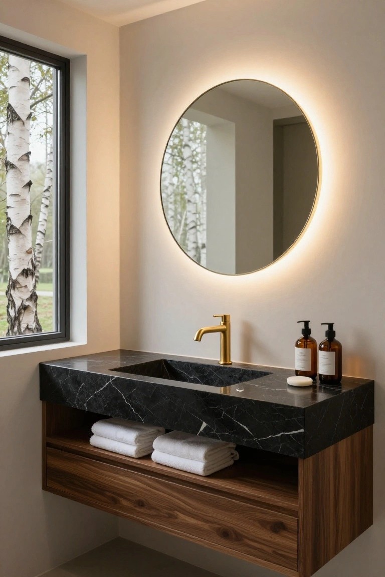 Bathroom vanity with black marble countertop and integrated sink, gold faucet, two amber soap dispensers, round mirror with LED edge lighting, and open walnut wood cabinet holding white towels below, next to a window showing birch trees.
