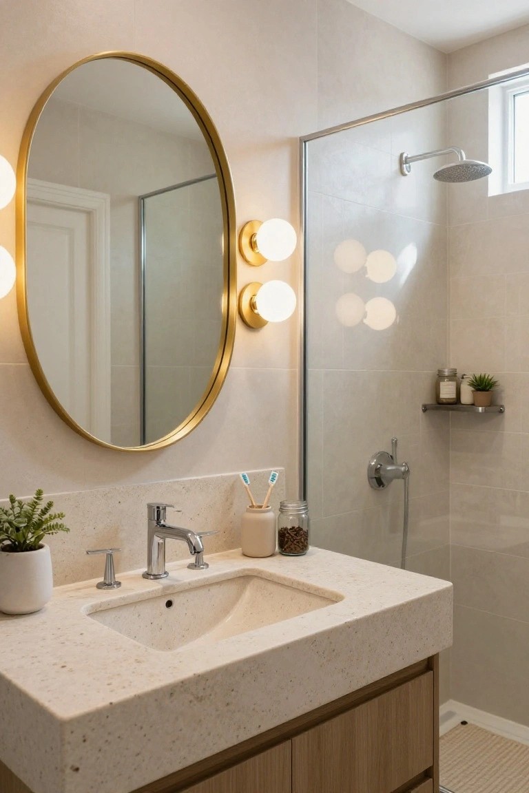 Contemporary bathroom with large oval gold-framed mirror above light stone vanity sink, flanked by two gold globe wall sconces, plants on counter, and clear glass shower enclosure beside tiled walls.