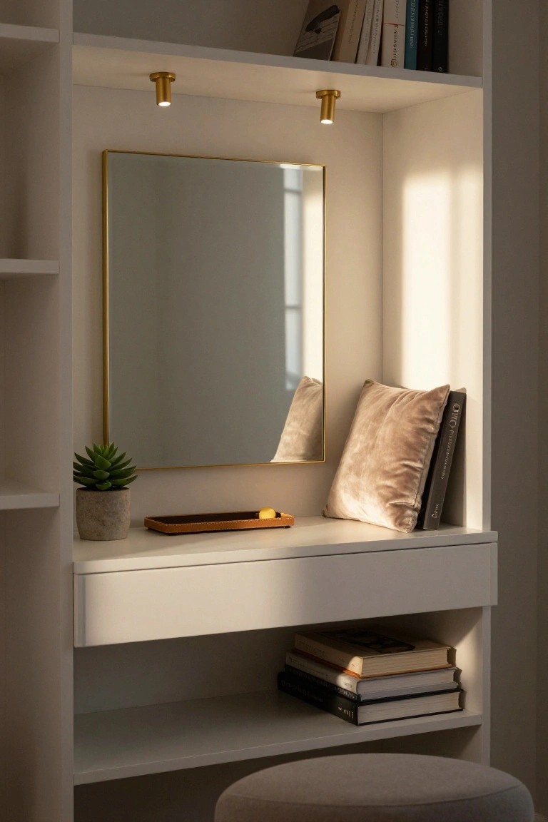 White built-in shelving with a tall rectangular mirror in a gold frame centered on a shelf, two slim recessed gold spotlights mounted above the mirror, a potted succulent and wooden tray on the shelf below the mirror, a beige velvet pillow with a book next to it, stacked books on a lower shelf, and a round beige stool at the base.