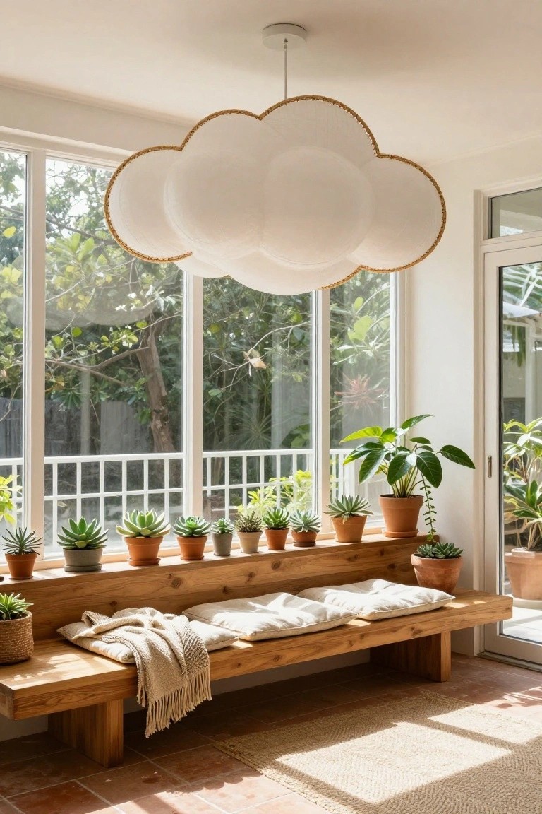 White cloud-shaped pendant light with rattan edging hangs from the ceiling above a wooden bench with white cushions, throw blanket, and potted succulents along windowsills in a bright indoor room with large windows and greenery outside.