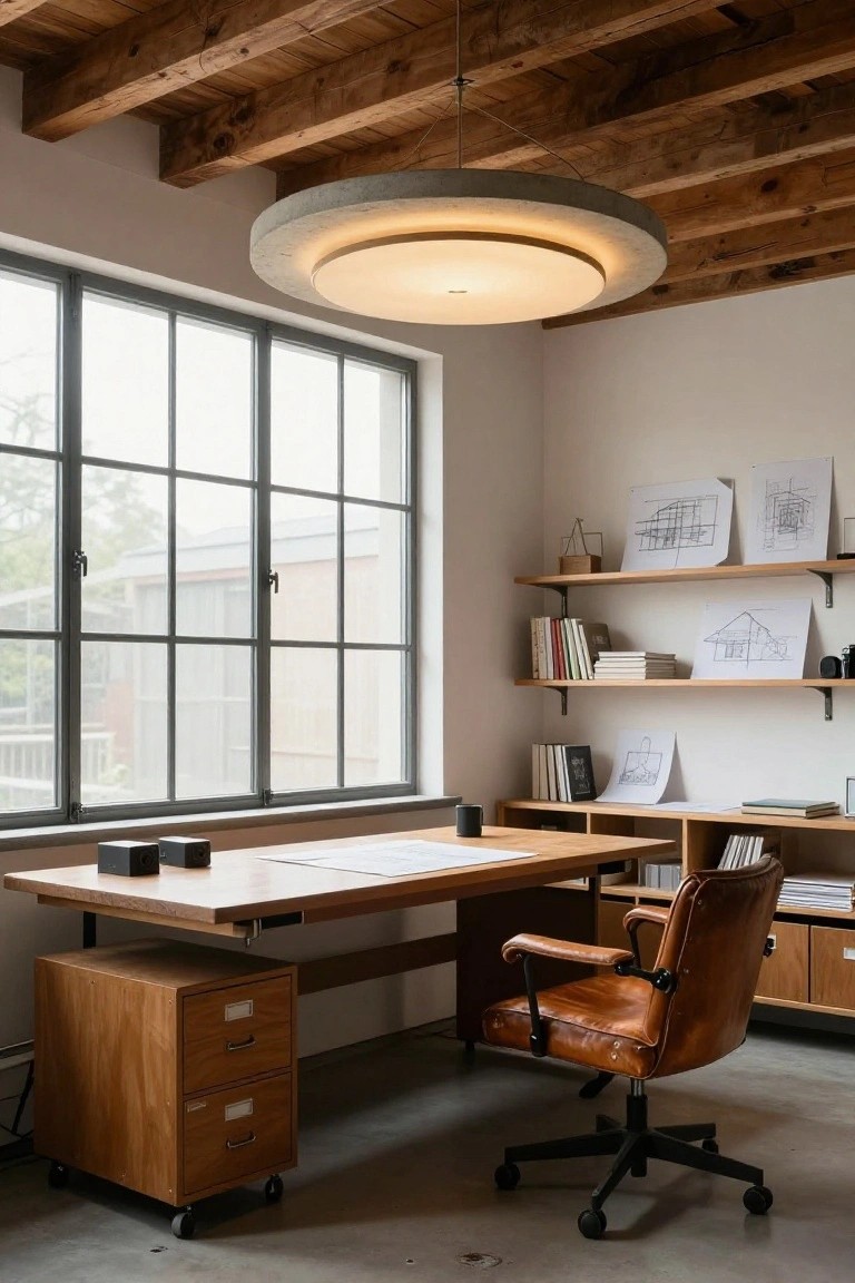 A large round pendant light with a concrete rim and diffused glow hangs from wooden ceiling beams above a wooden desk, leather chair, and shelves in a bright office space with large windows and architectural drawings.