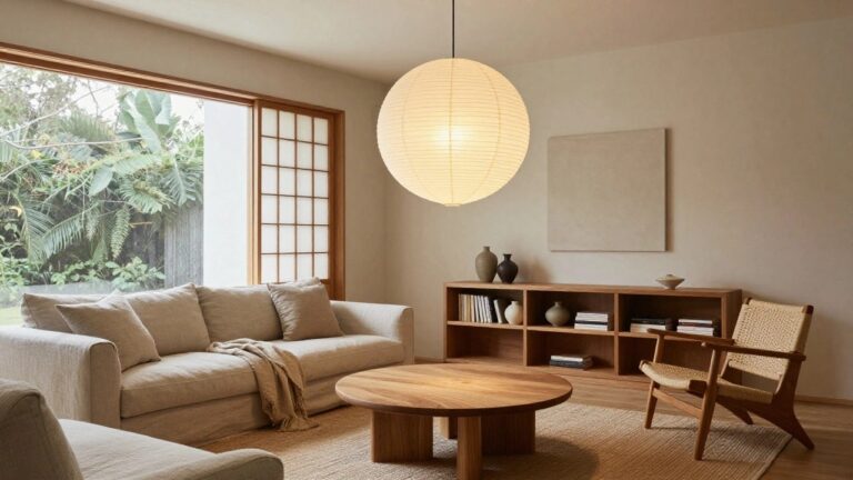 A Japandi-style living room with a large white paper lantern pendant light hanging over a beige linen sofa, oval wooden coffee table, wooden bookshelves with ceramics, rattan chair, beige rug, and window with cream curtains.