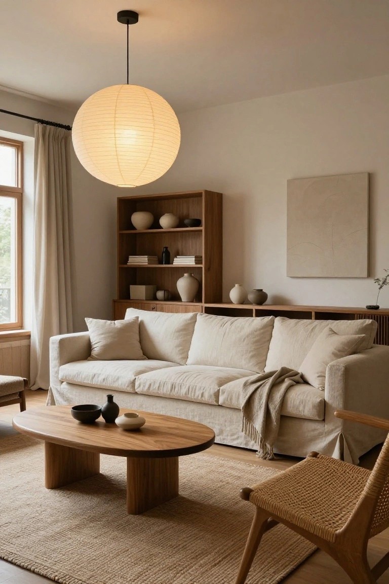 A Japandi-style living room with a large white paper lantern pendant light hanging over a beige linen sofa, oval wooden coffee table, wooden bookshelves with ceramics, rattan chair, beige rug, and window with cream curtains.