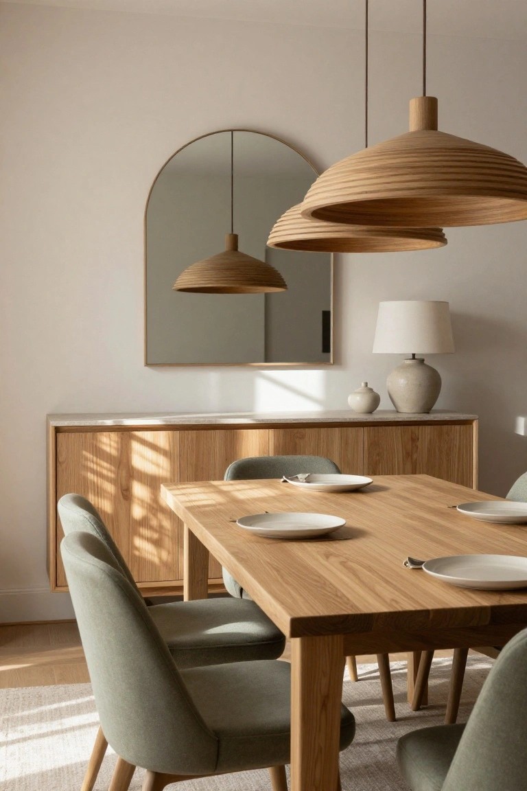 Japandi dining room interior with oak table and green upholstered chairs, oak sideboard with ceramic vases, arched wood-framed mirror, table lamp, and two pairs of layered woven wood pendant lights above the table.