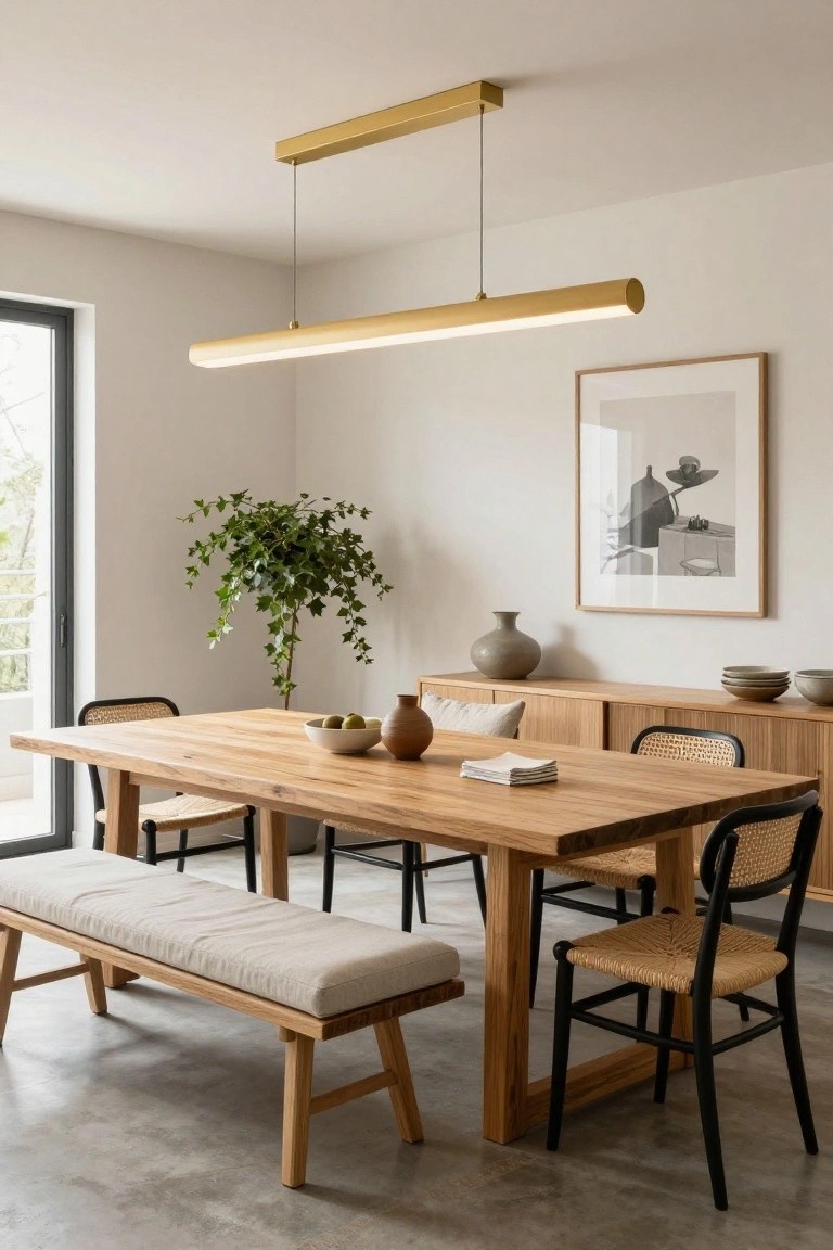 Modern dining room with light wood table, bench, and brass pendant light.