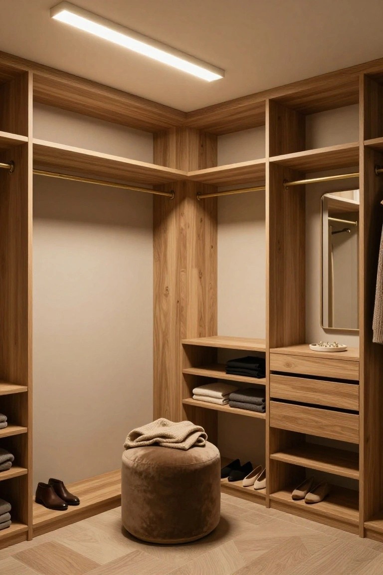 Corner walk-in closet with light oak wood cabinets, hanging clothes, folded linens on shelves, shoes on racks and floor, beige velvet pouf stool, gold jewelry dish, and slim white linear ceiling light fixture.