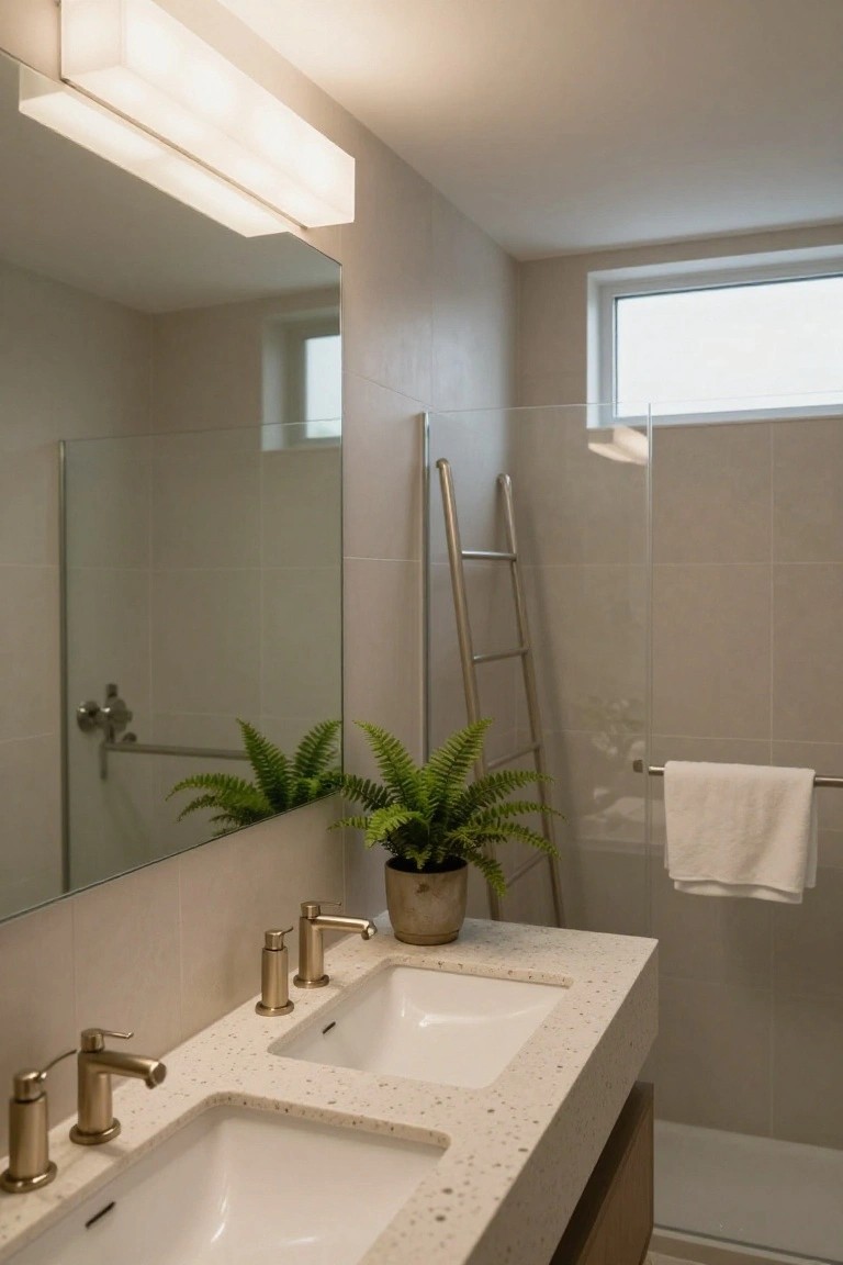 Modern bathroom featuring a horizontal linear light fixture above a large mirror, double white sinks with gold faucets on a speckled countertop, glass shower enclosure, towel ladder, and potted fern plant.