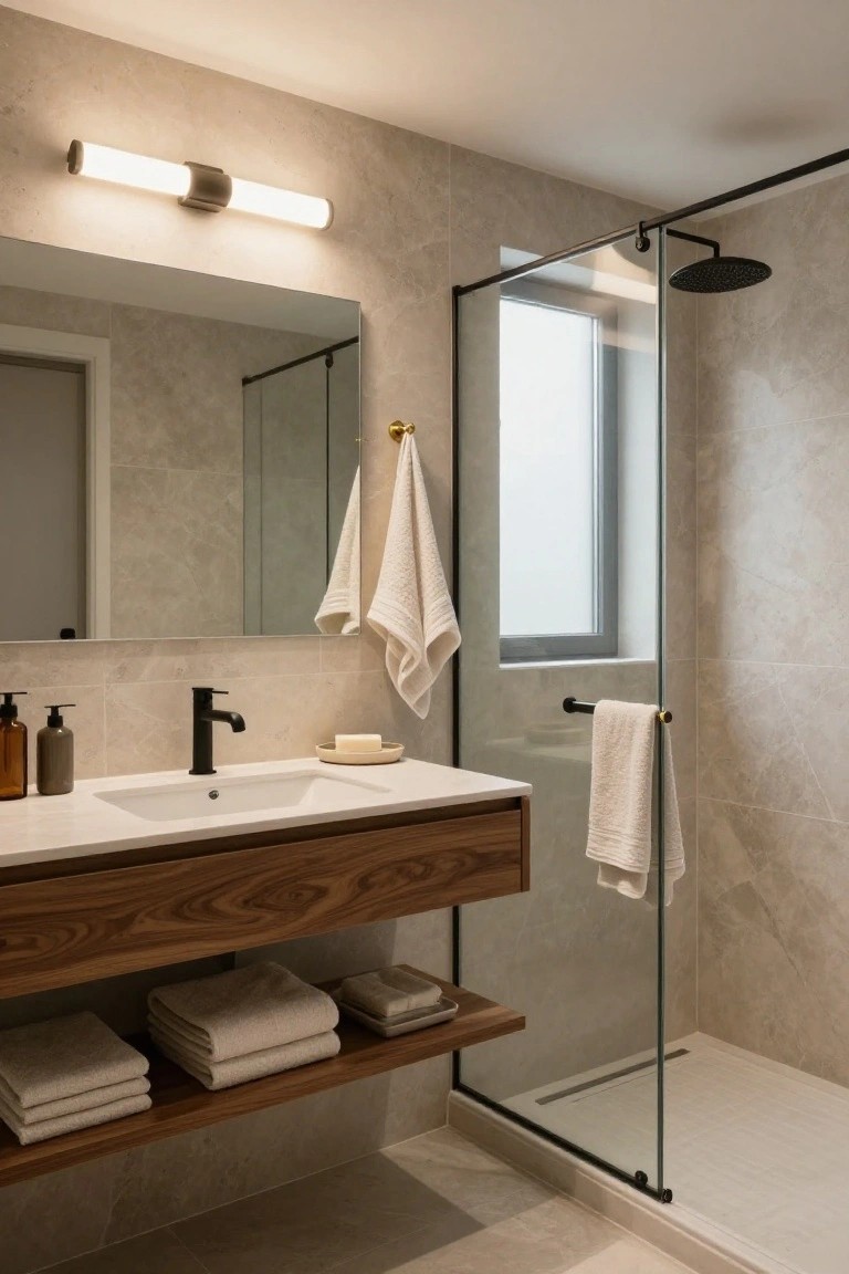 Modern bathroom featuring beige subway tile walls, a floating walnut wood vanity with under-shelf storage, black matte faucet and shower fixtures, glass shower enclosure, white towels, and a horizontal cylindrical white LED wall light above the mirror.
