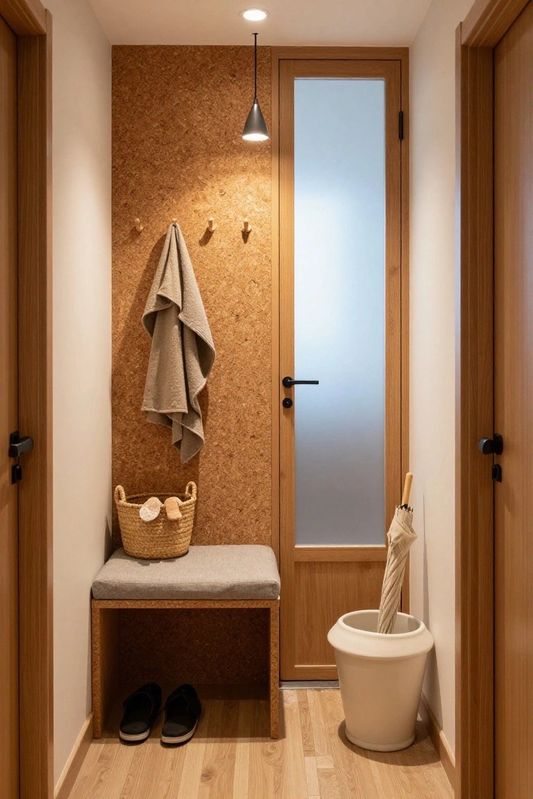 Narrow interior hallway with cork accent wall featuring hooks and hanging towel, wooden bench with shoes underneath and basket on top, umbrella in white vase, frosted glass door, and black conical pendant ceiling light overhead, wooden floors and doors on sides.