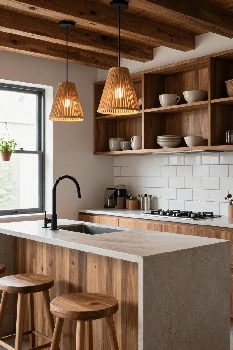 Kitchen with exposed wooden beam ceiling, two hanging woven rattan pendant lights over a light wood island topped with white quartz, two wooden bar stools, white subway tile backsplash, wooden cabinets, black matte faucet, and gas cooktop.
